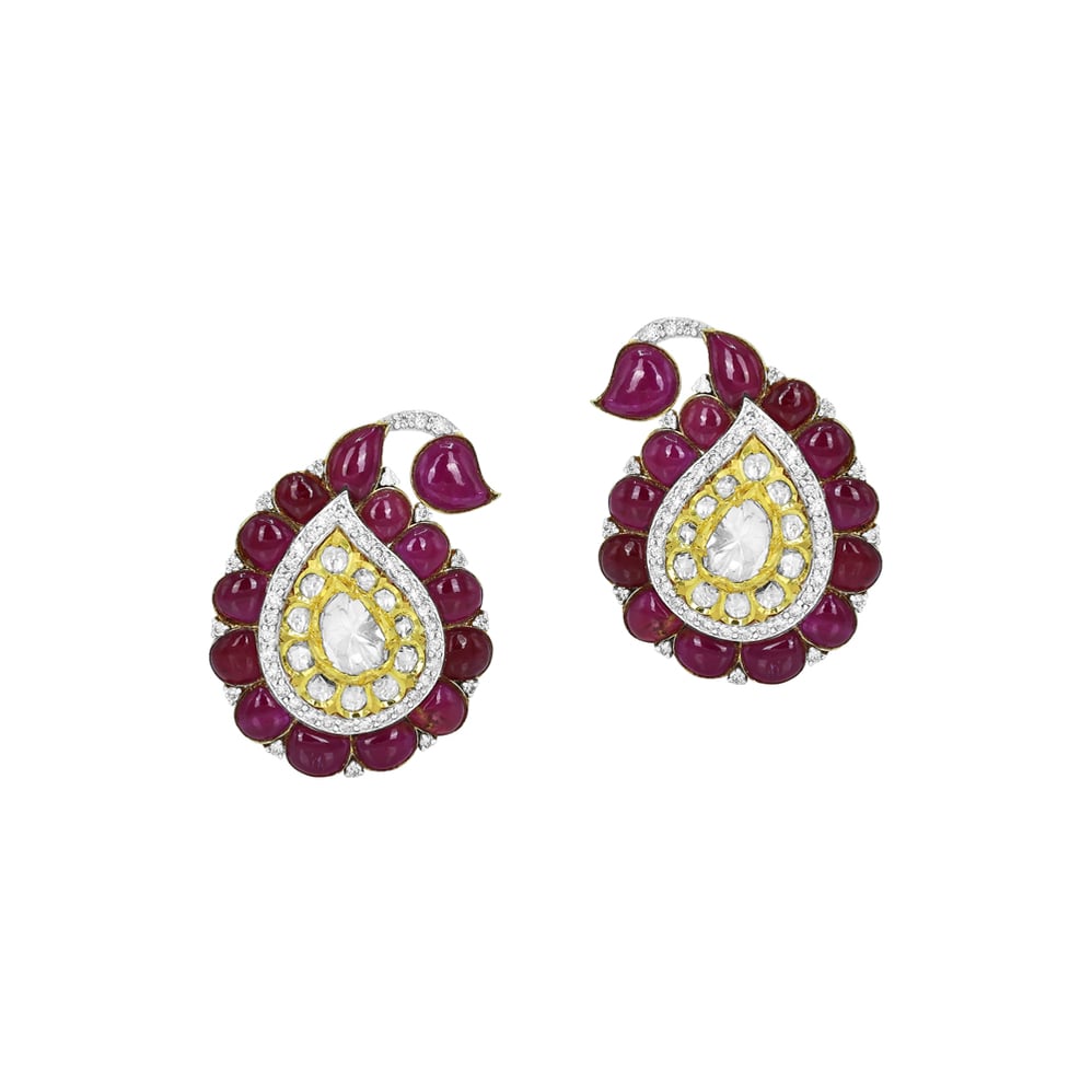 Red colourstone Cabochon Earrings with Polki Diamonds
